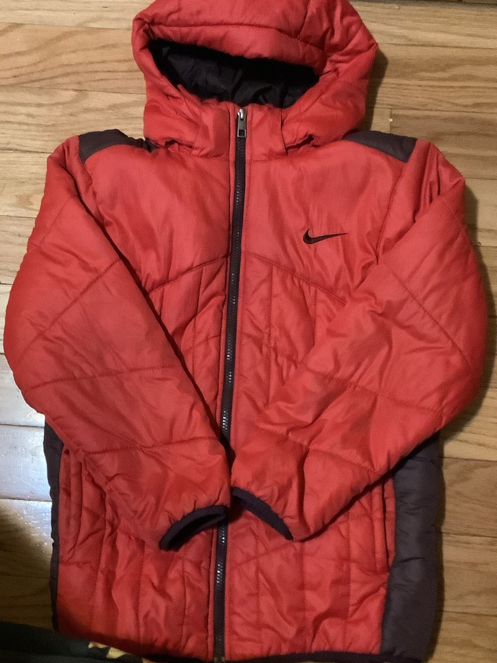 Nike Kids Red Hooded Puffer Jacket with Black Accents